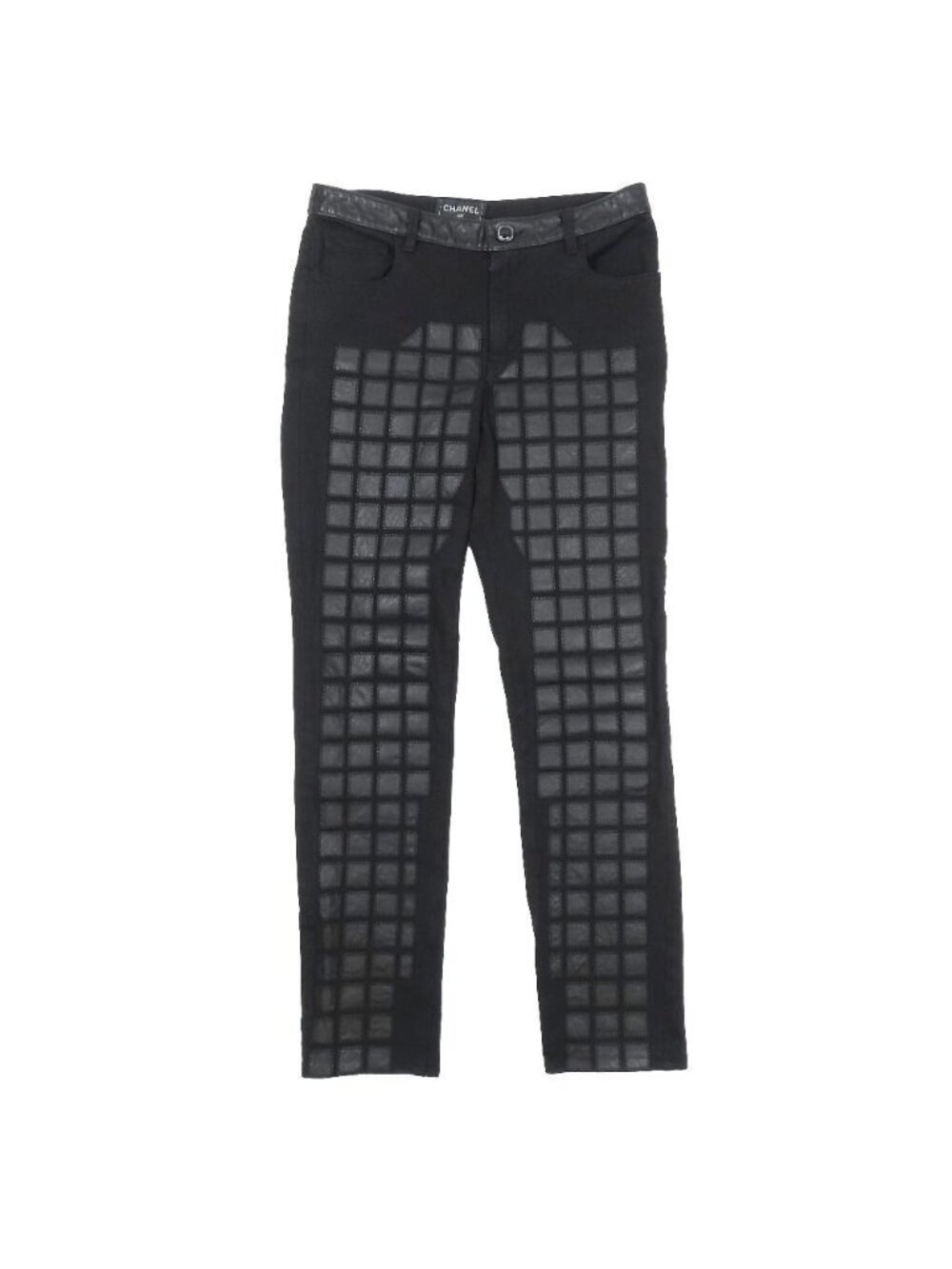 Chanel CC Logo Calfskin Leather Switch Patchwork Skinny Pants Stretch